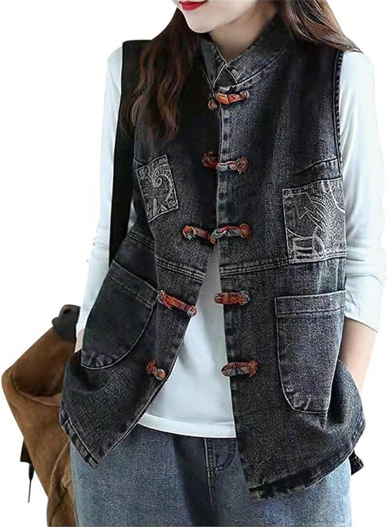 デニムベスト ウエストコート レディース カーディガン 立ち襟 レトロ エスニック風 フードなし 大きいポケット 大きいサイズ 着?せ カジュアル 肩掛け 無地...