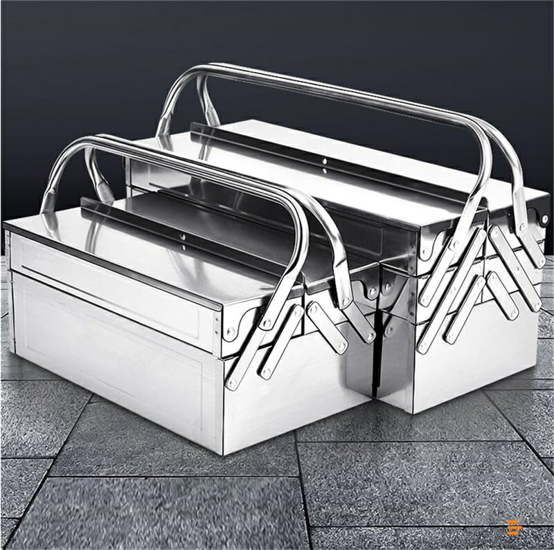 ステンレス鋼折りたたみ式 ツールボックス2段 両開き 大型 工具ケース 収納 工具収納 ツールボックスケース 大容量 工具入れ 防錆 ツールトレイオーガナイザーボックス 2段 46*20*15cm