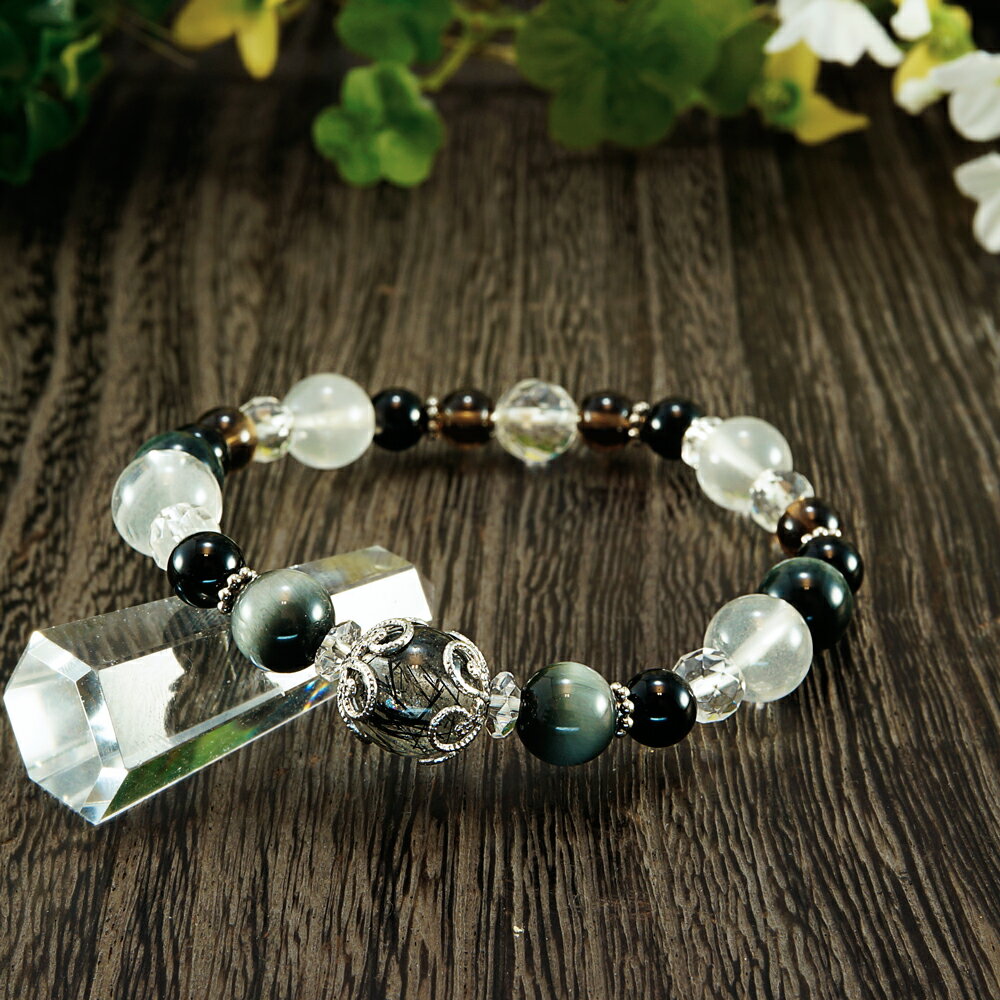 【ポイント20倍】 ブラックルチルクォーツ × イーグルアイ × オニキス × スモーキークォーツ × K2産ムーンクォーツ × 水晶 ブレスレット 腕輪 数珠...
