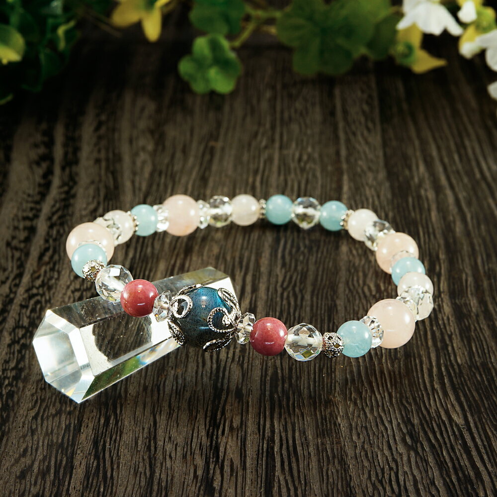 【ポイント20倍】 ラブラドライト × ロードナイト × アクアマリン × ローズクォーツ × 水晶 ブレスレット 腕輪 数珠 アクセサリー 天然石 パワースト...