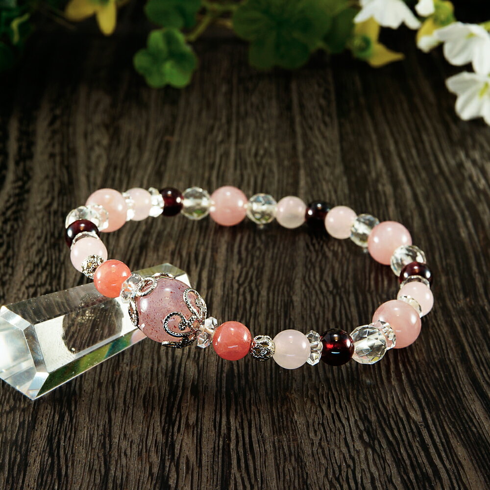 【ポイント20倍】 ストロベリークォーツ × インカローズ × ローズクォーツ × ガーネット × 水晶 ブレスレット 腕輪 数珠 アクセサリー 天然石 パワー...