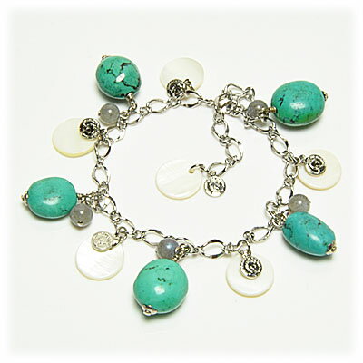 【ポイント20倍】 不定形ターコイズ 6mmラブラドライト コイン型シャコガイ の チェーンブレスレット 天然石 パワーストーン