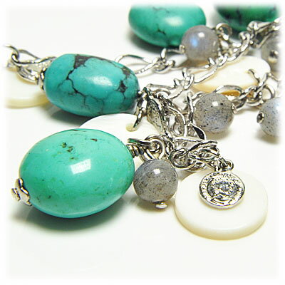 【ポイント20倍】 不定形ターコイズ 6mmラブラドライト コイン型シャコガイ の チェーンブレスレット 天然石 パワーストーン