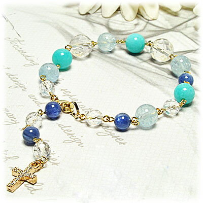 【ポイント20倍】 アマゾナイト アクアマリン カイヤナイト 水晶 ブレスレット クロスチャーム付き 天然石 パワーストーン