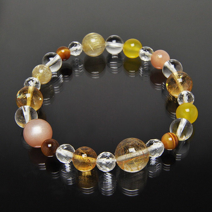 【ポイント20倍】 【限定1点】 ミックスルチル ルチルクォーツ シトリン オレンジムーンストーン イエローカルサイト タイガーアイ 水晶 ブレスレット 天然石