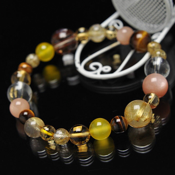 【ポイント20倍】 【限定1点】 ミックスルチル ルチルクォーツ オレンジムーンストーン シトリン イエローカルサイト タイガーアイ 水晶 ブレスレット 天然石...