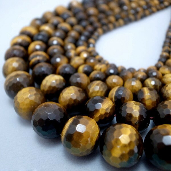 【タイムセール】 ラウンドカット (32面・128面) イエロータイガーアイ 一連 (φ3mm-16mm) 連売り 1連 パワーストーン 天然石 アクセサリーパ...