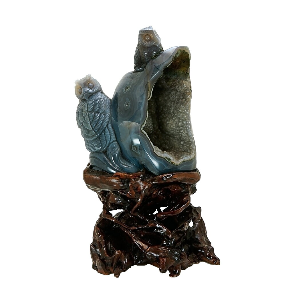 手彫り 彫刻 フクロウ メノウ 台座付4.9kg 天然石 パワーストーン インテリア 置物 雑貨 おしゃれ かわいい