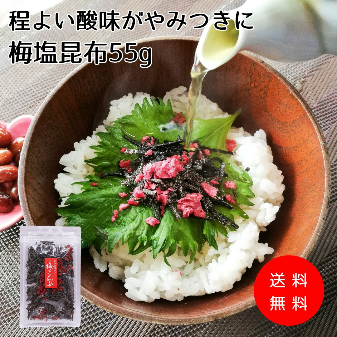 【送料無料】程良い酸味がやみ付きになる【梅塩昆布55g】紀州産梅肉入 梅 塩 汐 塩吹き 昆布 こんぶ おにぎり お茶漬け ご飯のお供 佃煮 つくだ煮 チャーハン お料理に メール便 適量 お試しサイズ