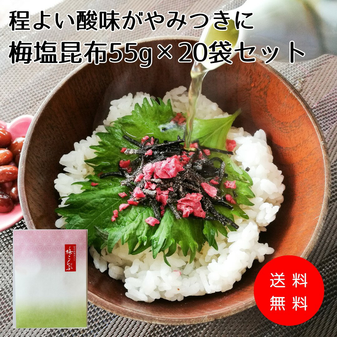 【送料無料】程良い酸味がやみ付きになる【梅塩昆布55g×20袋セット】紀州産梅肉入 梅 塩 汐 塩吹き 昆布 こんぶ おにぎり お茶漬け ご飯のお供 佃煮 つくだ煮 チャーハン お料理に 和紙袋入 ギフト 贈答 手土産 お徳用
