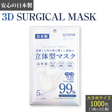 立体型マスク サージカルマスク 日本製 大きめ 1000枚 (5枚入り×200箱セット) 不織布マスク 白 ホワイト 立体型 マスク 大きめサイズ 大人用 使い捨てマスク 使い捨て 花粉症 ほこり PM2.5 ウイルス 立体 在庫あり