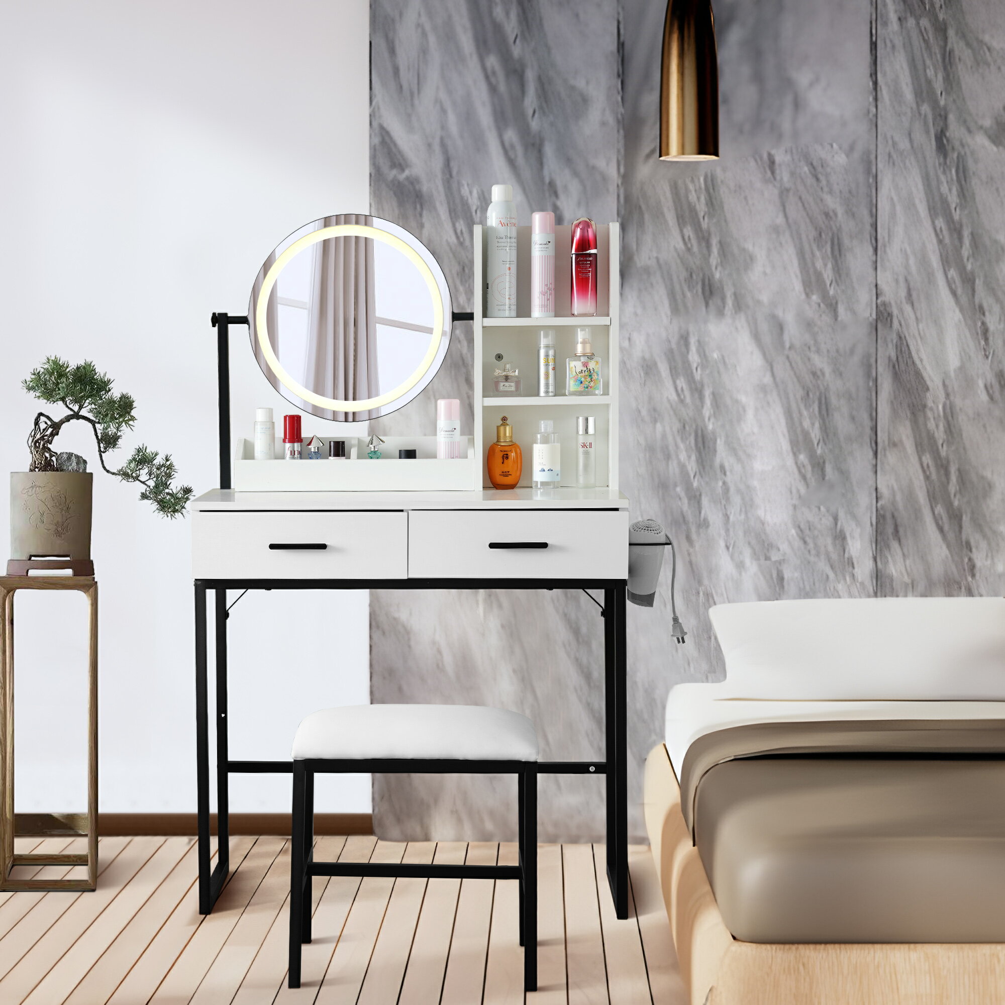 【5年保証】ドレッサー化粧台 テーブル 鏡台 LEDライト付き スツール付き 引き出し 収納 サイド収納 メイク台 シンプル 大容量 可愛い