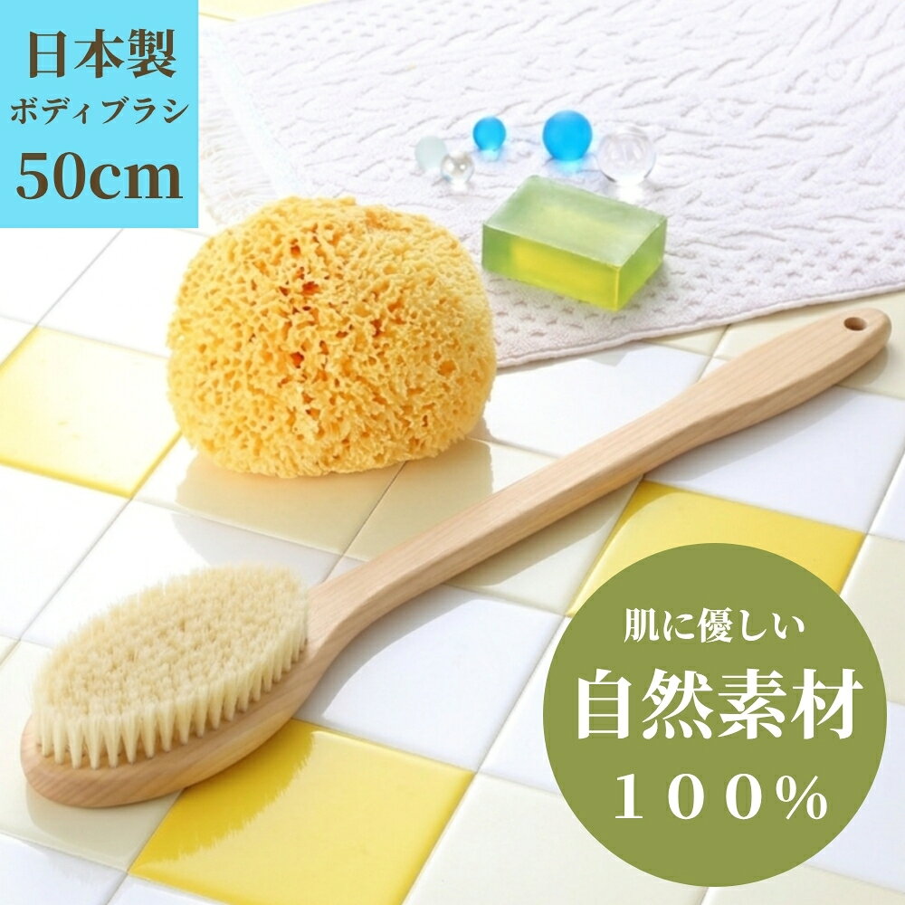 商品番号：SE-WL81 自然素材100％のボディブラシ（豚毛 x 50cm スーパーロングタイプ） ＆ 天然海綿スポンジ（ハニコム種）の限定セット 上質な自然素材（天然毛・天然木使用・日本製）の感触が、さっぱり・スッキリとした洗い上がりをつくる − 自然素材100％のボディブラシ（豚毛・スーパーロングタイプ 50cm） − ＆ ふわふわの弾力性と豊かな泡立ちの − 地中海産天然海綿ボディスポンジ・ハニコム種 ＜Glande＞ − のお得なセットです 自然素材100％のボディブラシ（豚毛・スーパーロングタイプ 50cm・日本製） 天然海綿ボディスポンジ（ハニコム種・クィーンサイズ・地中海産）自然素材100％のボディブラシ（豚毛 x 50cm スーパーロングタイプ） ＆ 肌にやさしい天然海綿スポンジ（ハニコム種）の限定セット 上質な自然素材（天然毛・天然木使用・日本製）の感触が、さっぱり・スッキリとした洗い上がりをつくる − 自然素材100％のボディブラシ（豚毛・スーパーロング 50cm） − ＆ ふわふわの弾力性と豊かな泡立ちが特長の 【スポンジの王様】 − 地中海産天然海綿ボディスポンジ・ハニコム種 ＜Glande＞ − のお得なセットです − 上質な自然素材のボディブラシ ＜Naturee＞ − 自然素材100％　&　軽量 肌にやさしい、ボディブラシ ★しかも軽いから、腕が疲れません★ 当店のボディブラシ ＜Naturee ナチュリー＞ は、自然素材100％のボディブラシです。 天然素材のナチュラルな肌触りが、肌への負担を軽減し、さっぱりとした洗い上がりを生みます。 肌の血行を改善し、皮膚の新陳代謝を促すことで、むくみや冷えを抑え、 肌のハリをつくります ■■ 天然毛のこだわり ■■ ブラシ部分には、密度の高い天然毛（豚毛）を100％使用。 天然毛は人間と同じタンパク質からできていますので、肌によくなじみます。 毛穴の汚れ・古い角質・老廃物をしっかりと落とすとともに、適度なブラシの刺激が、 心地の良いマッサージ効果となって、透明な若々しい肌・美肌つくりを促します ＊ 毛の種類・硬さ ＊ 豚毛100％ 豚毛は、ヘアブラシ等にも多く使われている自然素材です。他の天然毛と比べると、やや硬めでコシの強さが特長です。少々、ハードな感触がお好みの方に適しています ＊ 毛の長さ ＊ 毛の長さは約2．2cm。毛が絡まりにくく、先が開きにくい長さです ＊ ブラシ部分の面積 ＊ ブラシ部分は楕円形で、大きさは長径約10．3cm x 短径5．4cm。 背中や足の先など、たてに（上下に）広く洗う際に便利です ■■ 天然木のこだわり ■■ 柄（持ち手）には、木肌模様の美しい天然木（天然ヒノキ）を100％使用。 天然木のぬくもりと高級感が、バスルームによくマッチします。 ヒノキ（檜）の上品な香りが、森林の中にいるようなリラックス感を演出し、 落ち着きと癒しを実感することができます 持ち手（柄）はゆるやかに面取りされており、大変握りやすい構造になっていますので、 泡のついた手でも、すべりにくいのが特長です。 さらに、ヒノキは軽量で水に強く、抗菌性が高いため、長く清潔にお使い頂けます ＊ 天然素材の為、木の風合い・毛の色合い等に多少のばらつきがあります － ヒノキは軽くて、丈夫な素材です － 写真はイメージです （総重量） 約121g ＊ 重量は、使用前・乾燥時に計測したものです。ブラシによって多少のばらつきがあります ＊ ブラシの長さ（全長） ＊ 50cm（スーパーロング） スーパーロングタイプは、 ボディブラシ最長級の50cm。 長くて、しかも軽いのでラクラク。 ブラシが背中全体に届き、椅子に座ったまま、腰を曲げずに足先まで届きます。また、洗いにくかった背中の真ん中のくぼんだ部分も、ピンポイントでしっかりと洗うことができます。 背中のかゆみを抑え、これまで洗い足りないと思っていたところまでスッキリの気持ち良さです ☆ ボディブラシは半身浴・バブルバス（泡風呂）にも最適です ☆ ふわふわの泡とブラシのマッサージ効果が、疲れた体をリフレッシュさせます 写真はイメージです 足裏のケア・フットブラシとしても ＊ 写真は35cmのロングタイプです ＊ ＊ こちらの商品は、簡易包装での発送となります ＊ 肌にやさしい ■天然海綿ボディスポンジ■ ★★ 当店人気No.1 ★★ ふわふわの柔らかさと泡立ちの良さ 大サイズ・海綿スポンジ！ 天然素材100％ 　－優しい肌触りの海綿スポンジ（ハニコム種）が、肌のトラブルを和らげます－ ☆ 柔らかな、やさしい肌触りの理由−ハニコム種 ☆ 上質な天然海綿スポンジは皮膚表層の保湿分を落とし過ぎることがありませんので、 肌に適度なうるおいを残し、みずみずしい健康な素肌つくりを助けます 手洗いより優しい、天然素材の力 ↓　　↓ お肌に優しくて、心地良い － ふわふわの柔らかな肌触り － 　★★ 春・夏のスキンケア ★★ 　：汗をかいた肌に 　：かゆみ等の敏感肌対策に 　：紫外線によるシミ対策に 　：肩 〜 背中に広がったニキビに 　：デリケートゾーン洗いに 　★★ 秋・冬のスキンケア ★★ 　：肌荒れ・カサつきの乾燥肌対策に 　：肌のくすみ対策に 　：半身浴・バブルバス（泡風呂）に 手洗いだけでは なんとなくスッキリしない方にも ↓　　↓ 天然海綿スポンジなら お風呂上りの肌がスッキリ！！ ☆ 天然海綿スポンジは半身浴・バブルバスのお供に最適です ☆ ふわふわの泡／クリーミーな泡の感触を、 天然海綿スポンジはそのまま逃すことなく、 優雅で贅沢な気分を演出します 1日の終わりに　－　心地良さ抜群の海綿スポンジで、リラックス度もアップ！ ☆ 当店の天然海綿スポンジは、上質な地中海イタリア産！！☆ &nbsp; − 海綿屋の天然海綿スポンジは上質な地中海産を使用しております − 世界でも質の良い素材の天然海綿が採れることで知られている地中海イタリア。特にシチリア地方沿岸は、最高グレードの海綿が生息する絶好の条件（潮流・水温・気候）を備えており、毎年、上質な天然海綿を産出しています。海綿屋の天然海綿スポンジ ＜Grazia＞ は、地中海産の海綿の中でも、さらに品質・サイズ・形を厳選して、一つ一つ作られています。その上質で、柔らかな肌あたりは、きっとご満足頂けるものと思います
