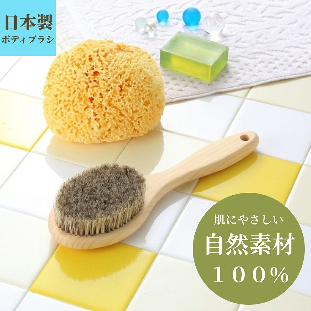 馬毛 ボディブラシ 24cm x 海綿スポンジ のセット」 日本製 柔らかい ショート ボ...