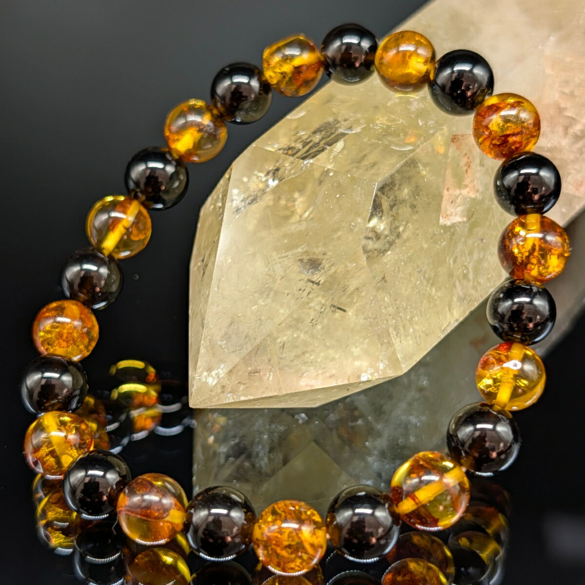 パワーストーン モリオン アンバー MIX 8mm 天然石 高品質 鑑別済み 琥珀 黒水晶 金運 財運 幸運 健康 縁切り 厄除け お守り メンズ レディース 