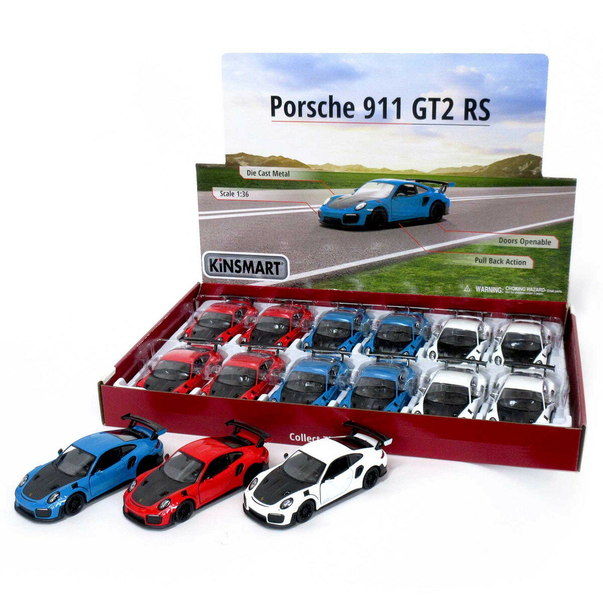 ●本体サイズ：5.5×3.8×12.5cm●ディスプレイボックスサイズ：40.5×4.5×28.0cm●重量：1333g●パッケージタイプ：ディスプレイボックス付き●製品素材：ダイキャスト●生産地：中国●注意書き：モニター発色の具合により、実物とは色合いが異なる場合がございます。ポルシェ 911 GT2 RS(Porsche 911 GT2 RS)を忠実に再現したミニカーです。インテリア雑貨としても大変人気の高い逸品です☆※3色、各4個の12個セット・手前に引くと自動で前進する、プルバックカー！・ディスプレイボックス付き・ポルシェ(Porsche AG)公式ライセンス【Kintoy】(キントーイ)1993年に香港で設立した大手カー玩具メーカー。 低価格帯でありながらディティールの細かさやプロポーションの良さから人気を博しております。メーカー希望小売価格はメーカーサイトに基づいて掲載しています