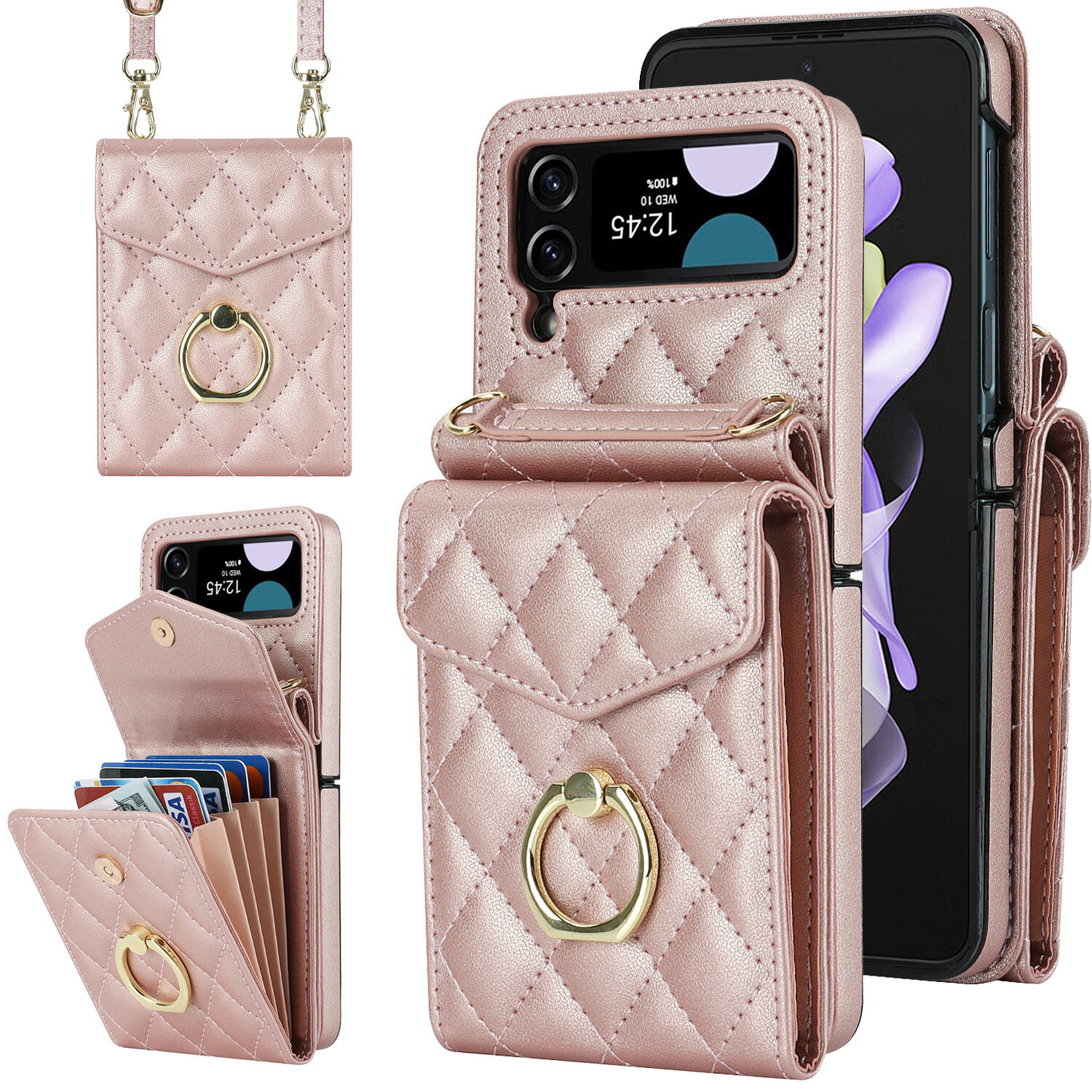 Rakuten - Galaxy Z Flip7 ケース ローズゴールド キルティングレザー調ウォレット型収納ケース ‧ カードポケット付きミニ財布一体型 ‧ 取り外し可能ショルダーストラップ付属 ‧ ゴールドリングスタンド機能 ‧ 360度フル保護 大人フェミニンデザイン