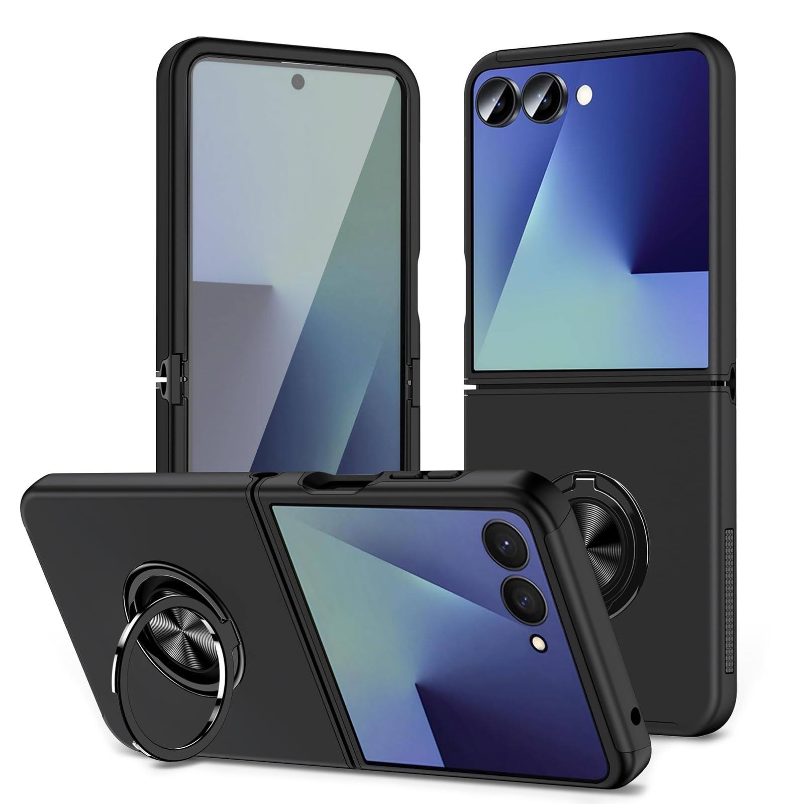 Rakuten - Galaxy Z Flip7 ケース リング付き ブラック TPU+PC バンパーケース 耐衝撃 360°回転スタンド機能 車載ホルダー対応 ギャラクシー Z Flip7 カバー スマホケース 頑丈設計 全面保護 落下防止 防塵 指紋防止 傷防止 衝撃吸収 一体型