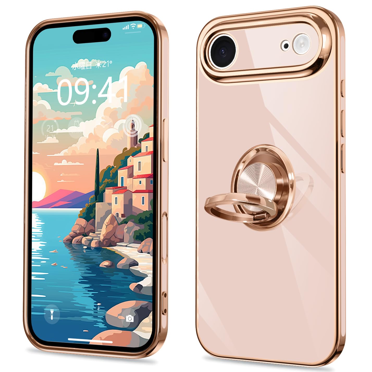 iPhone 17 Air 用の ケース リング付き アイフォン17 Air 用の カバー リング 耐衝撃 全面保護 ソフト 薄型 スタンド機能付き 360回転 車載ホルダー対応 アイフォン17ケース(ピンク)スマートフォンカバー スマホカバー カワイイ カラバリ 耐衝撃ケース 傷に強い 丈夫 おす