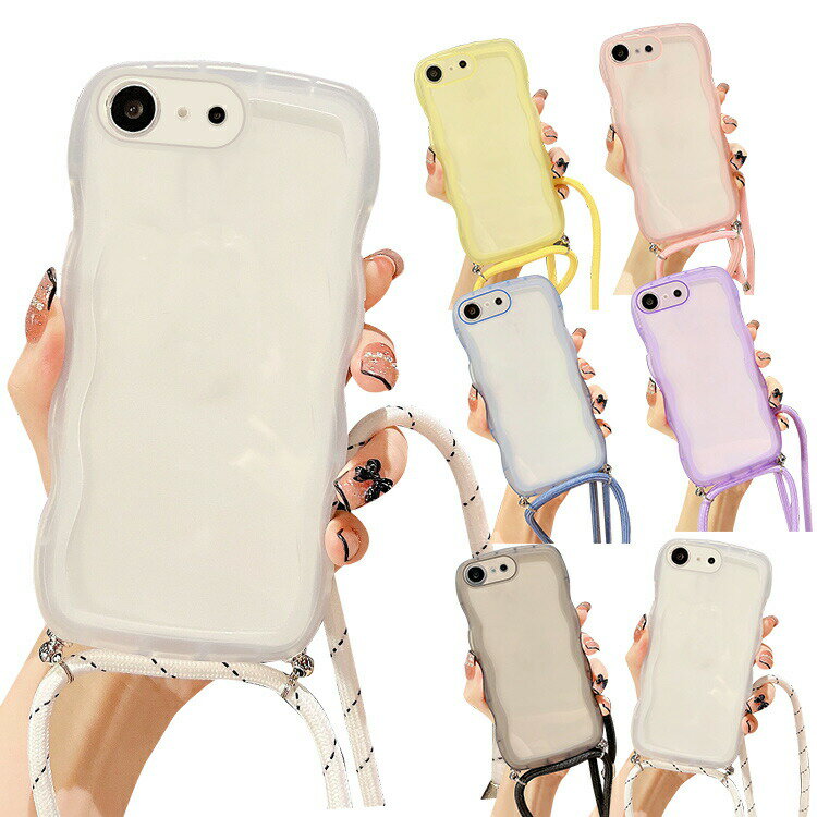 Rakuten - iPhone16e ケース スマホショルダー カバー ウェーブ 波型 カバー 半透明 TPU ソフト 滑り止め ケース 波状 可愛い お洒落 ショルダーストラップ 肩掛けベルト付き 長さ調節可能 シンプル Apple アップル アイフォン 16e スマートフォン/スマフォ/スマホケース/カバー