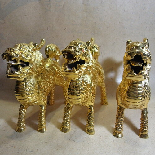 鍍金麒麟 銅製(真鍮) 金メッキ 三頭
