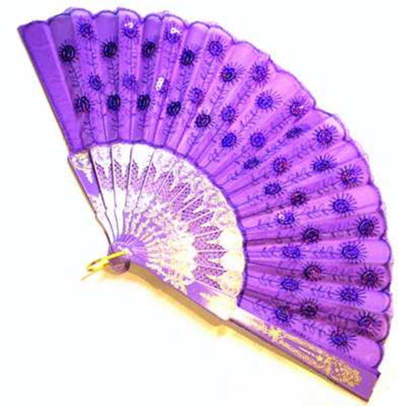スパンコール付き刺繍レース扇子(紫色刺繍＋紫)