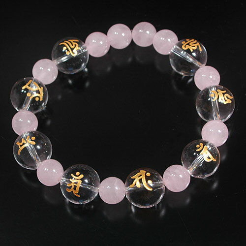 八大梵字ブレスレット 梵字の玉：天然水晶12ミリ玉 パワーストーン：ローズクォーツ8ミリ玉 Lサイズ：内径約16.5センチ梵字の玉8個 　パワーストーン：8ミリ玉13個(画像はMサイズのこともあります。) ローズクォーツ：恋愛　結婚運をアッ...