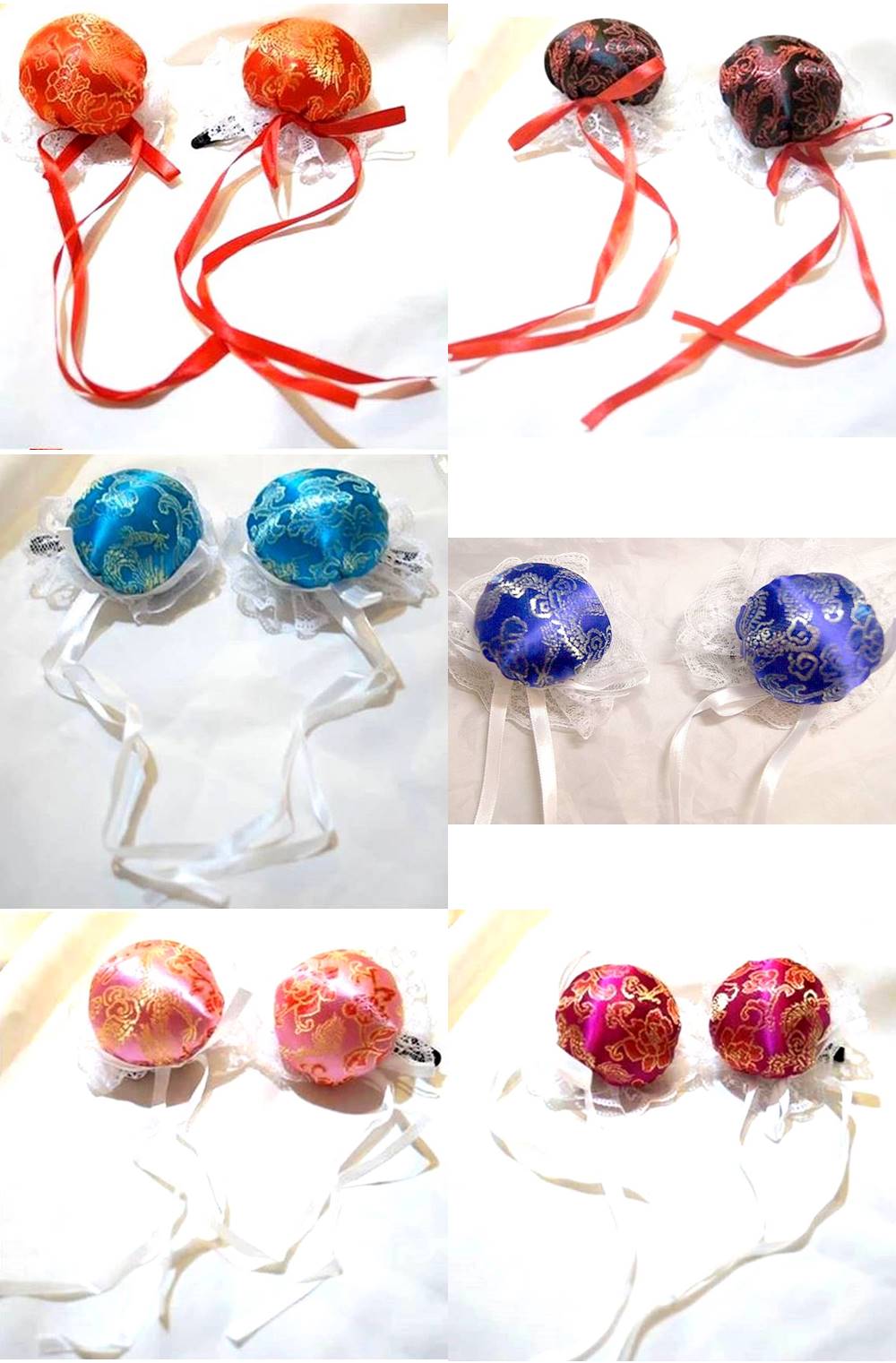 サテンお団子髪飾り(レース、ヘアクリップ付き) 2個1セット【6色】