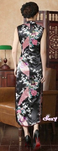 薄手 孔雀和風柄 ロング丈 チャイナドレス 袖なし　黒色