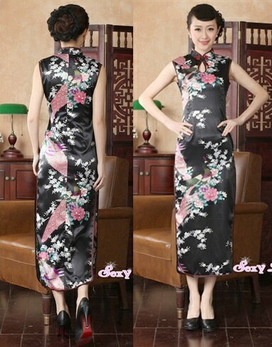 薄手 孔雀和風柄 ロング丈 チャイナドレス 袖なし　黒色