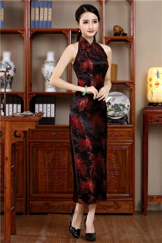 ベアバックデザイン 菊柄 ロング丈 チャイナドレス 【1005】ブラック