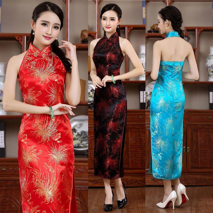 ベアバックデザイン 菊柄 ロング丈 チャイナドレス 【1005】ブラック