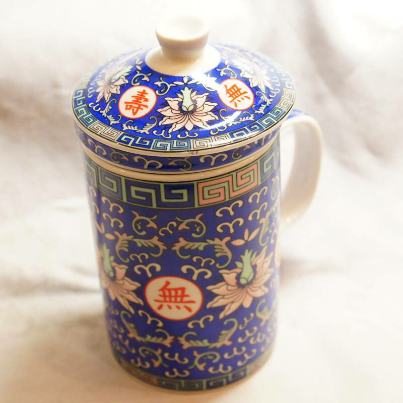 陶器製 茶漉し付きマグカップ 萬壽無疆柄 青色 終売予定