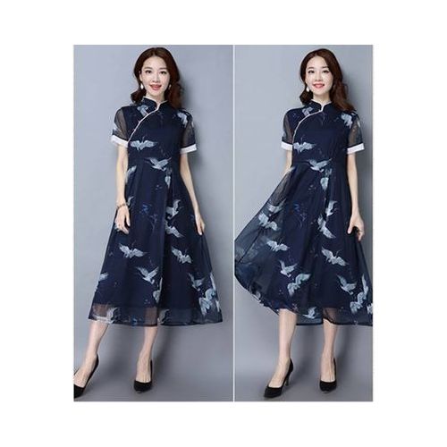 樂天商城 - シフォン エレガント ロングワンピース・民族風七分袖マキシ チャイナドレス