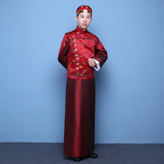 樂天商城 - 中国清朝服 古装古代地主服 長袍（チャンパオ） サテン地 酒紅色