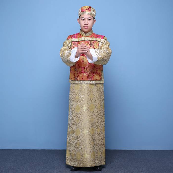 中国清朝服 古装古代地主服 長袍（チャンパオ） サテン地 橘色