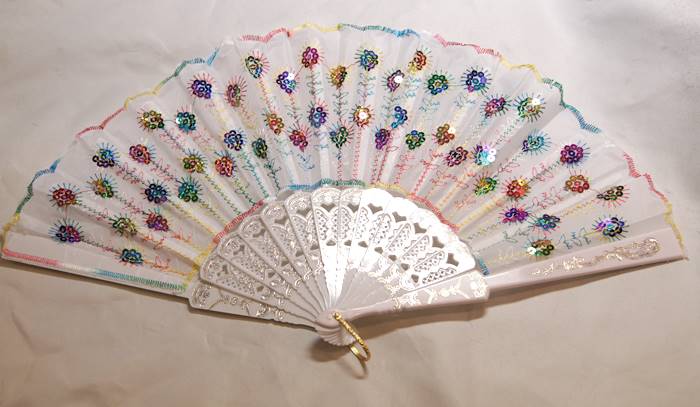 マルチカラー色スパンコール付き刺繍レース扇子(カラー刺繍＋白)