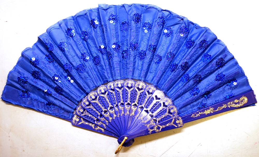 スパンコール付き刺繍レース扇子(青色刺繍＋青)