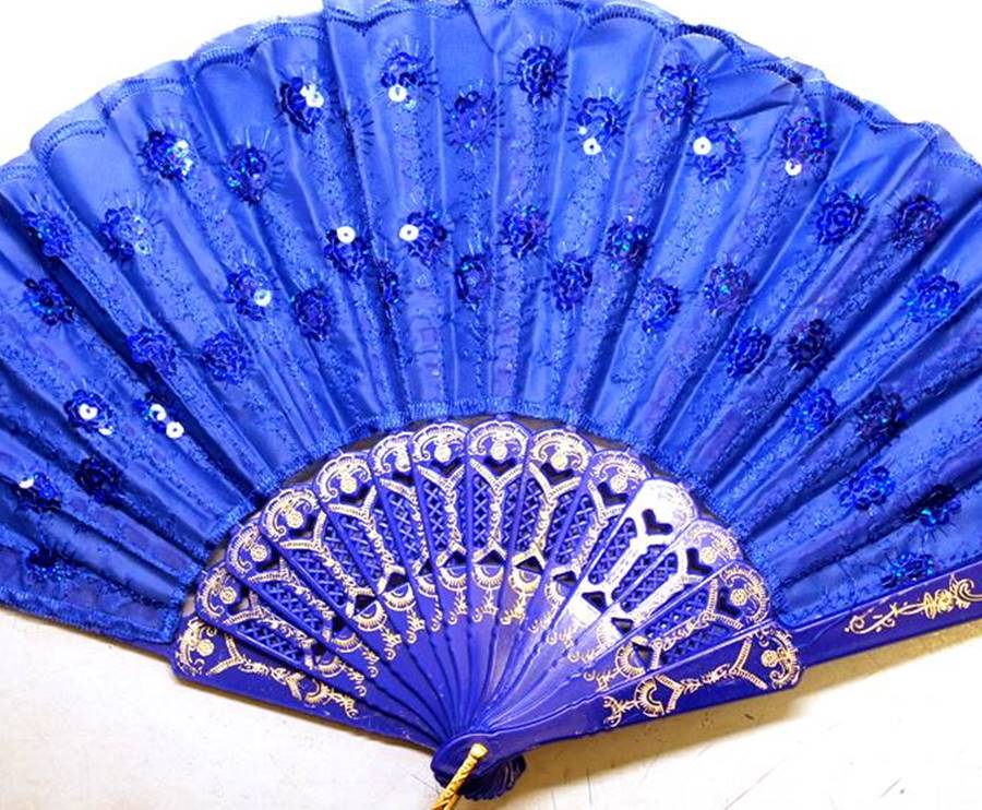 スパンコール付き刺繍レース扇子(青色刺繍＋青)