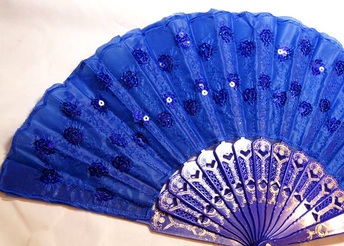 スパンコール付き刺繍レース扇子(青色刺繍＋青)
