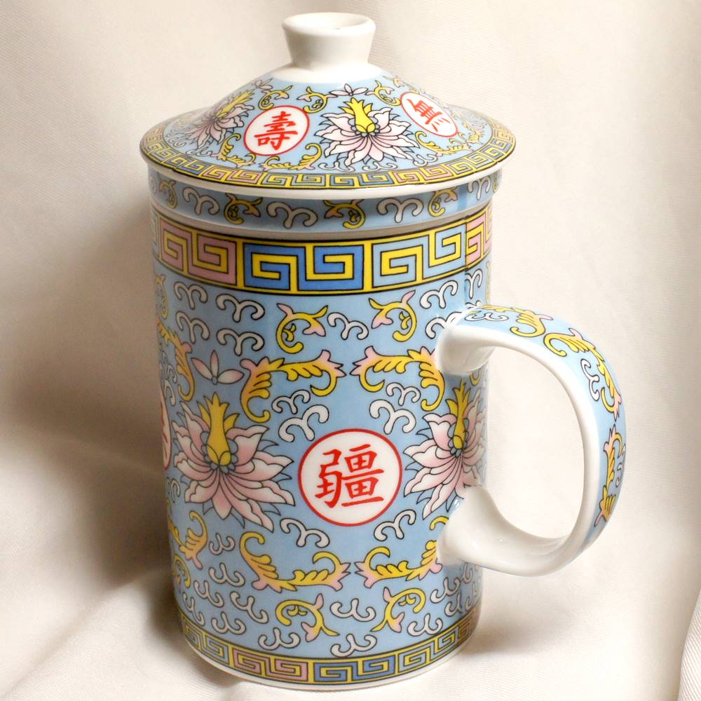 陶器製 茶漉し付きマグカップ 萬壽無疆柄 水色