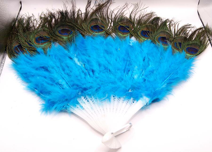 廉価版　孔雀羽根付き羽毛扇子 羽扇子　コバルトブルー色