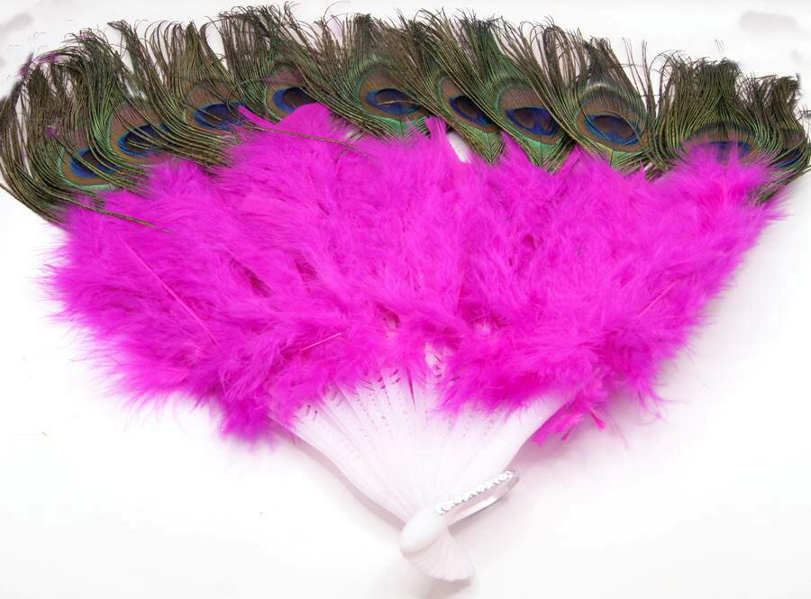 廉価版　孔雀羽根付き羽毛扇子 羽扇子　ショッキングピンク色　濃桃色