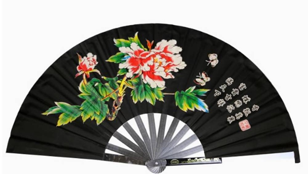 太極拳・カンフー 功夫 武闘 鉄扇子 軽量安価型 鉄扇 牡丹柄 黒色 専用袋別売