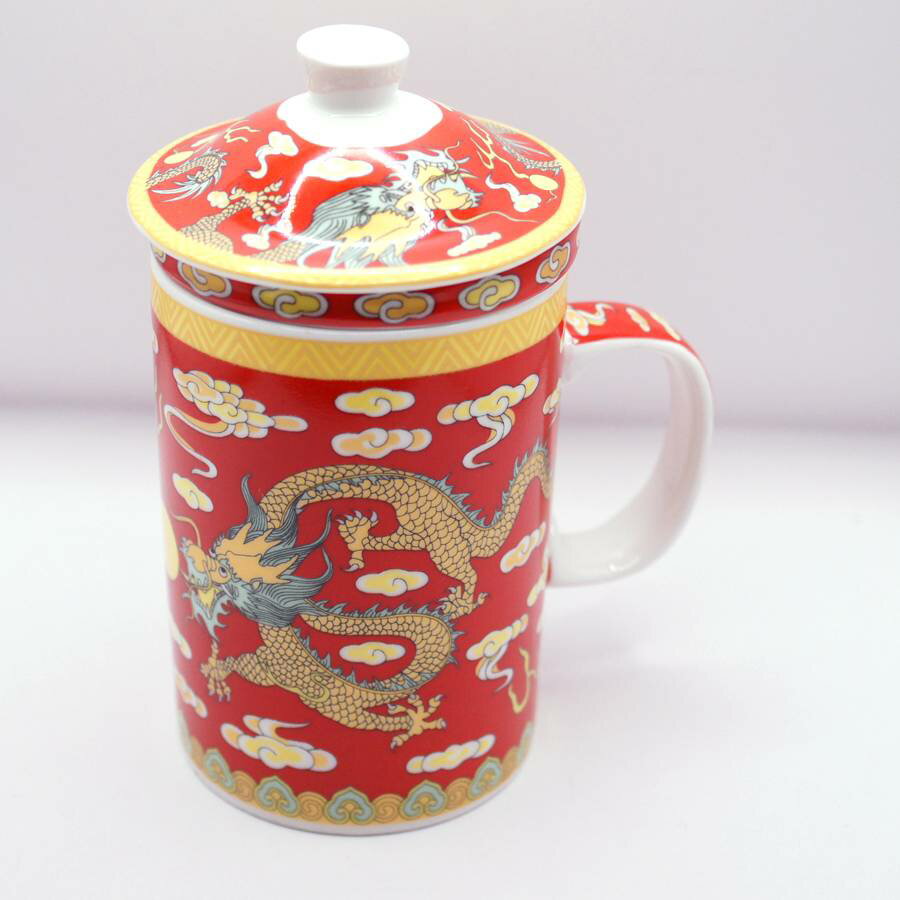 乐天商城 - 陶器製 茶漉し付き 　マグカップ 双龍戯珠柄 赤色