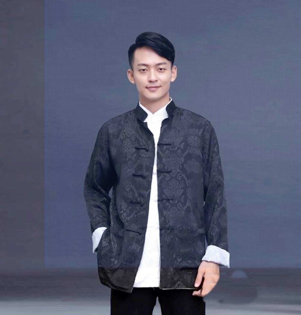 天宝堂の唐人服 功夫長袖 リバーシブル カンフージャケット　黒色＋白銀色｜アングル2