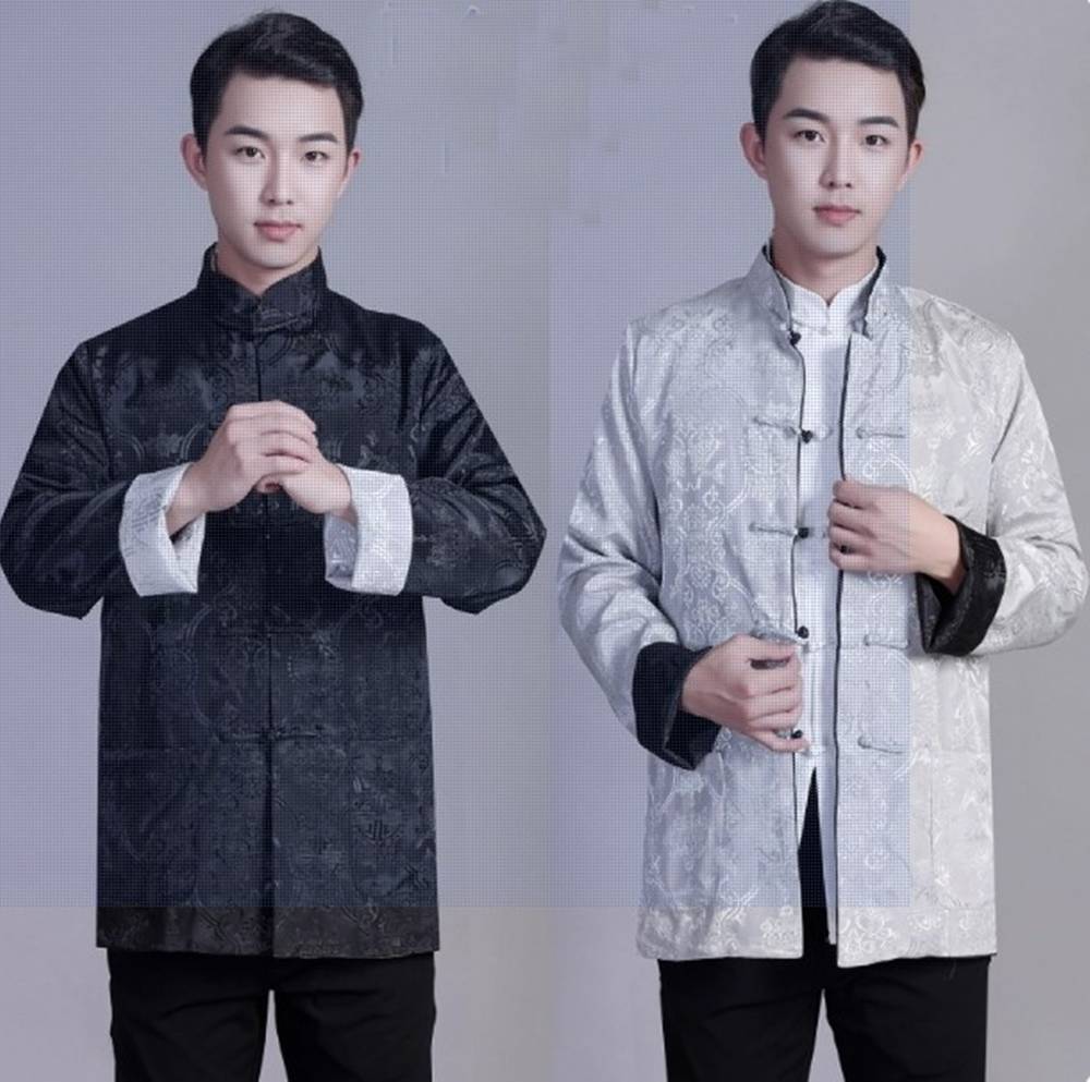 唐人服 功夫長袖 リバーシブル カンフージャケット　黒色＋白銀色