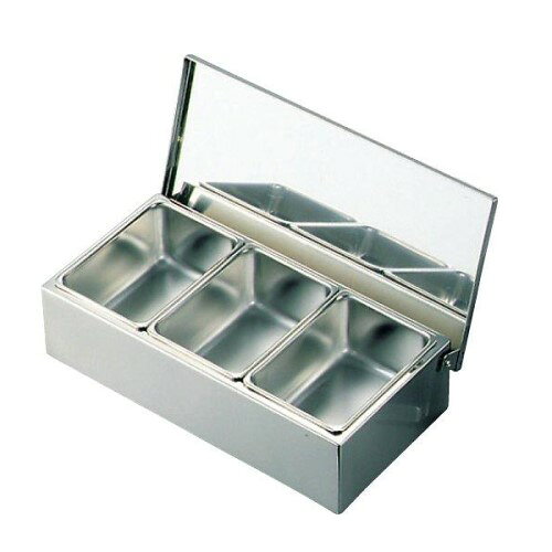 商品情報商品番号：0340200商品名：18-8 オープン式 ヤクミ入 3ヶ入メーカー：EBM 外寸：幅320×奥行160×高さ83(mm) 中子容量：0.6l 商品説明 ●EBMオープン式、セパレートカバー式、ダブルカバー式の各ヤクミ入の蓋は、すべて蝶番式に なっており使用時の蓋の紛失や置場所に困りません。 配送料について【ご注意】画面上の色はブラウザやご使用のパソコンの設定により実物と異なる場合があります。JANコード：4548170003873