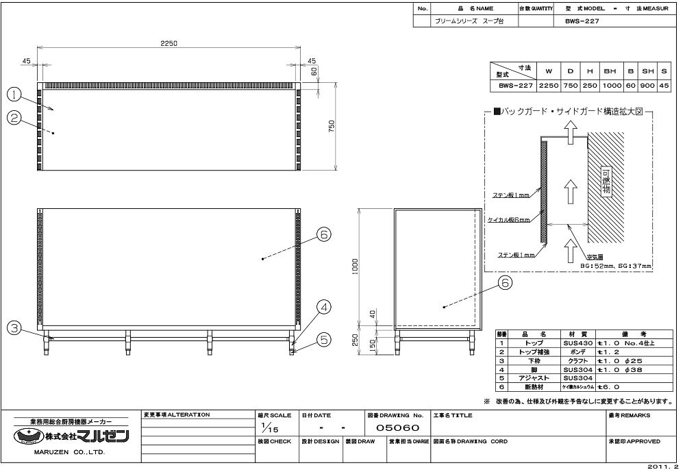 BWS-227 【マルゼン】スープ台(三方バックガード) 幅2250×奥行750×高さ250mm【業務用/新品】【送料無料】 2