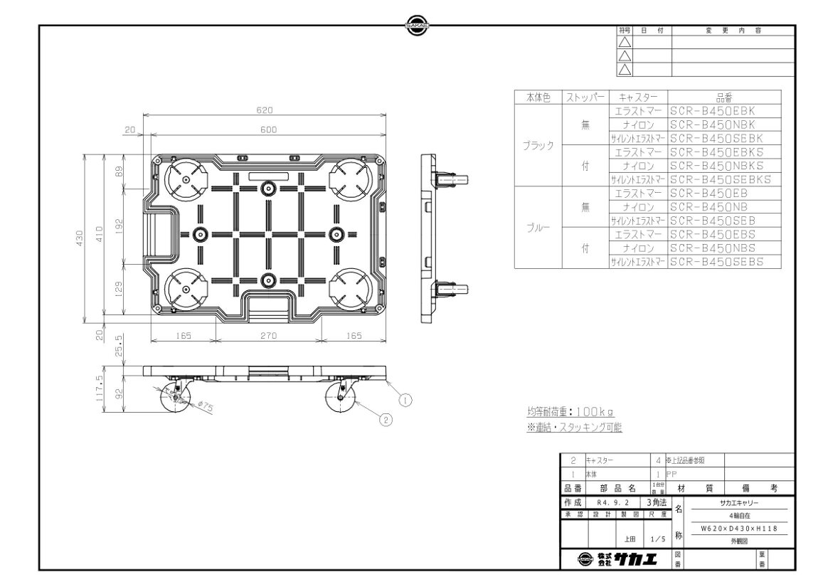 厨房機器と店舗用品 TENPOSの212416 【サカエ】サカエキャリー(ナイロン車) SCR-B450NB 幅620×奥行430×高さ118(mm) /業務用/新品/送料別途見積｜アングル2